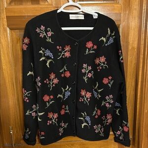 Marisa Christina Black Wool Cardigan with Red and Purple Embroidery